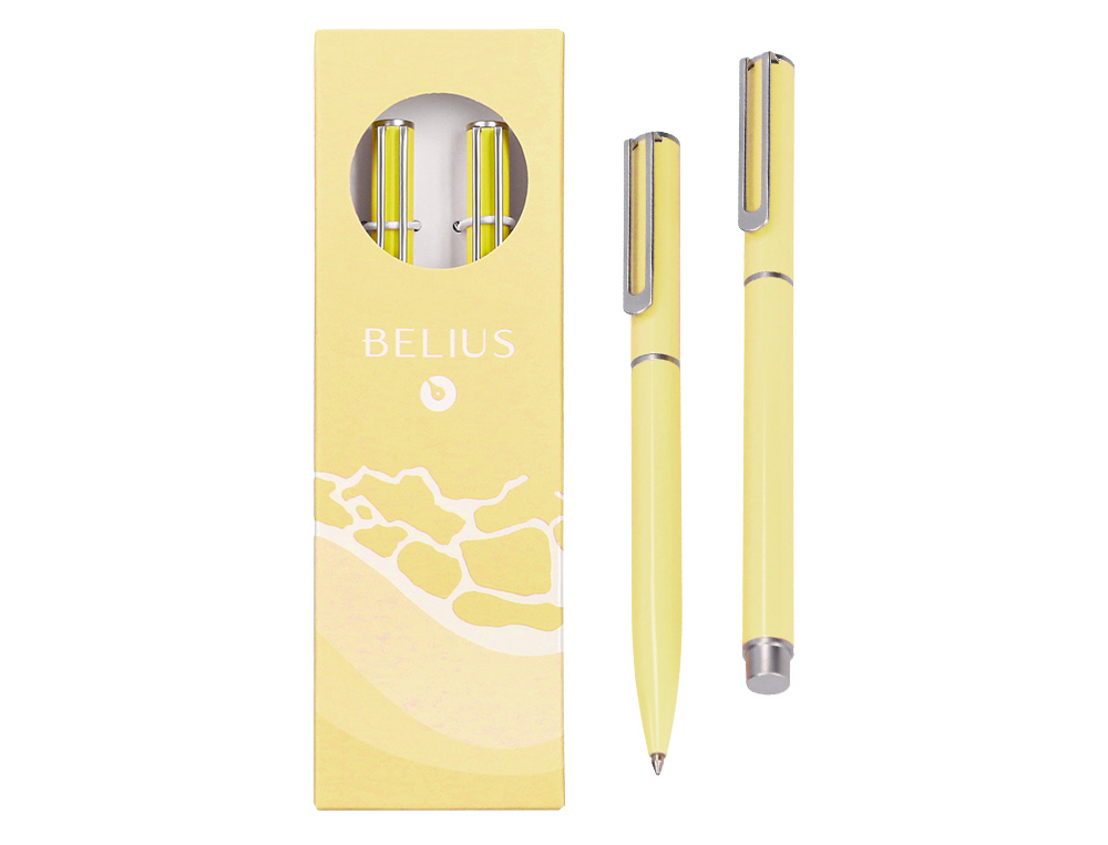 JUEGO BOLIGRAFO Y ROLLER BELIUS ENDLESS SUMMER ALUMINIO COLOR AMARILLO Y PLATEADO TINTA AZUL CAJA DE DISEÑO