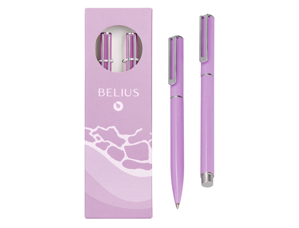 JUEGO BOLIGRAFO Y ROLLER BELIUS ENDLESS SUMMER ALUMINIO COLOR MORADO Y PLATEADO TINTA AZUL CAJA DE DISEO