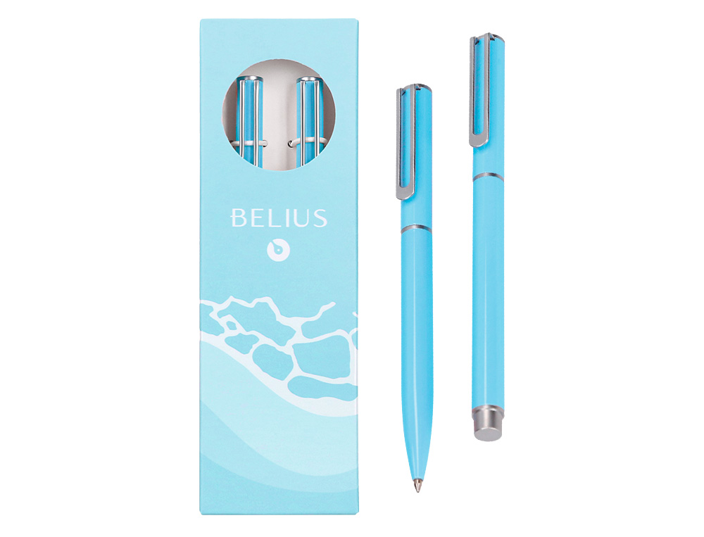 JUEGO BOLIGRAFO Y ROLLER BELIUS ENDLESS SUMMER ALUMINIO COLOR CELESTE Y PLATEADO TINTA AZUL CAJA DE DISEÑO