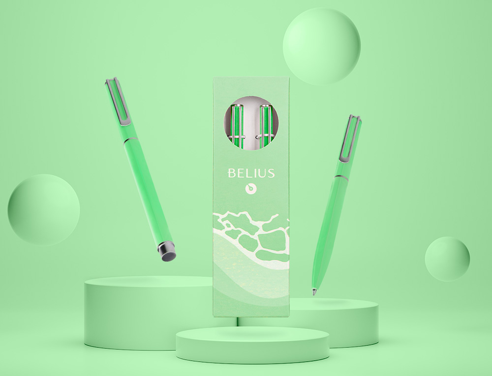 JUEGO BOLIGRAFO Y ROLLER BELIUS ENDLESS SUMMER ALUMINIO COLOR VERDE Y PLATEADO TINTA AZUL CAJA DE DISEÑO