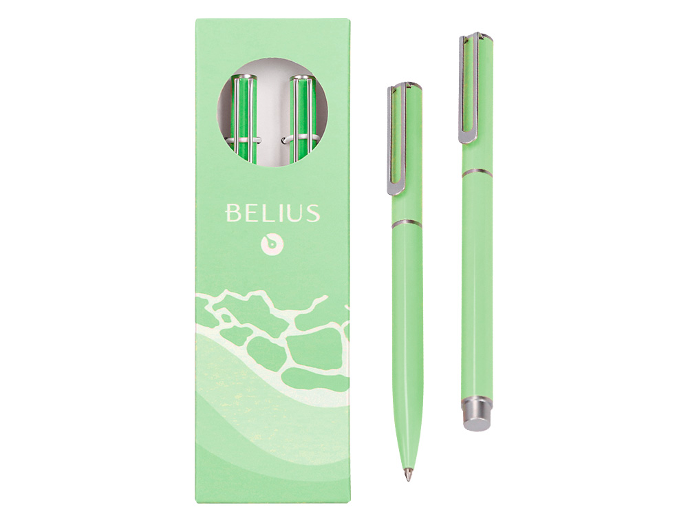 JUEGO BOLIGRAFO Y ROLLER BELIUS ENDLESS SUMMER ALUMINIO COLOR VERDE Y PLATEADO TINTA AZUL CAJA DE DISEÑO