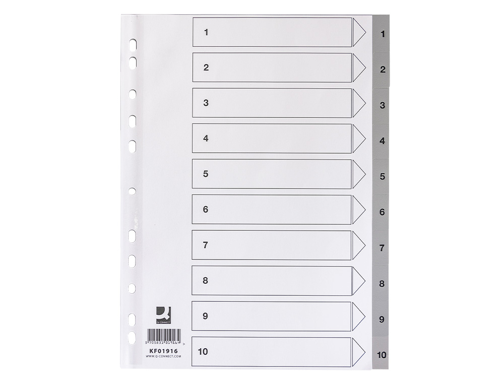 SEPARADOR NUMERICO Q-CONNECT PLASTICO 1-10 JUEGO DE 10 SEPARADORES DIN A4 MULTITALADRO