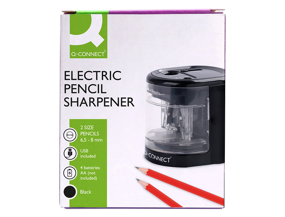 SACAPUNTAS Q-CONNECT KF14568 ELECTRICO DE SOBREMESA CABLE USB/4 PILAS AA AFILA CUCHILLA DIAMETROS DE 6 A 12MM DOS USOS