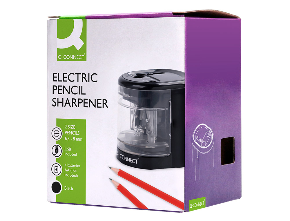 SACAPUNTAS Q-CONNECT KF14568 ELECTRICO DE SOBREMESA CABLE USB/4 PILAS AA AFILA CUCHILLA DIAMETROS DE 6 A 12MM DOS USOS