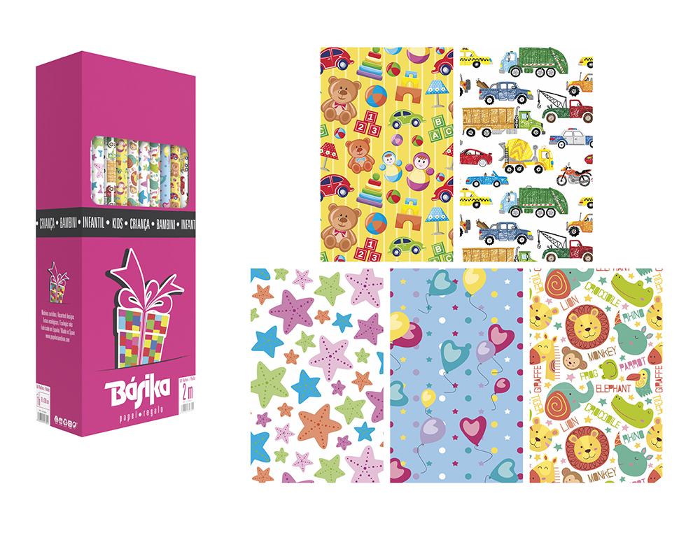 PAPEL DE REGALO BASIKA INFANTIL ROLLO ANCHO 70 CM LONGITUD 2 M DISEÑOS SURTIDOS GRAMAJE 60 GR