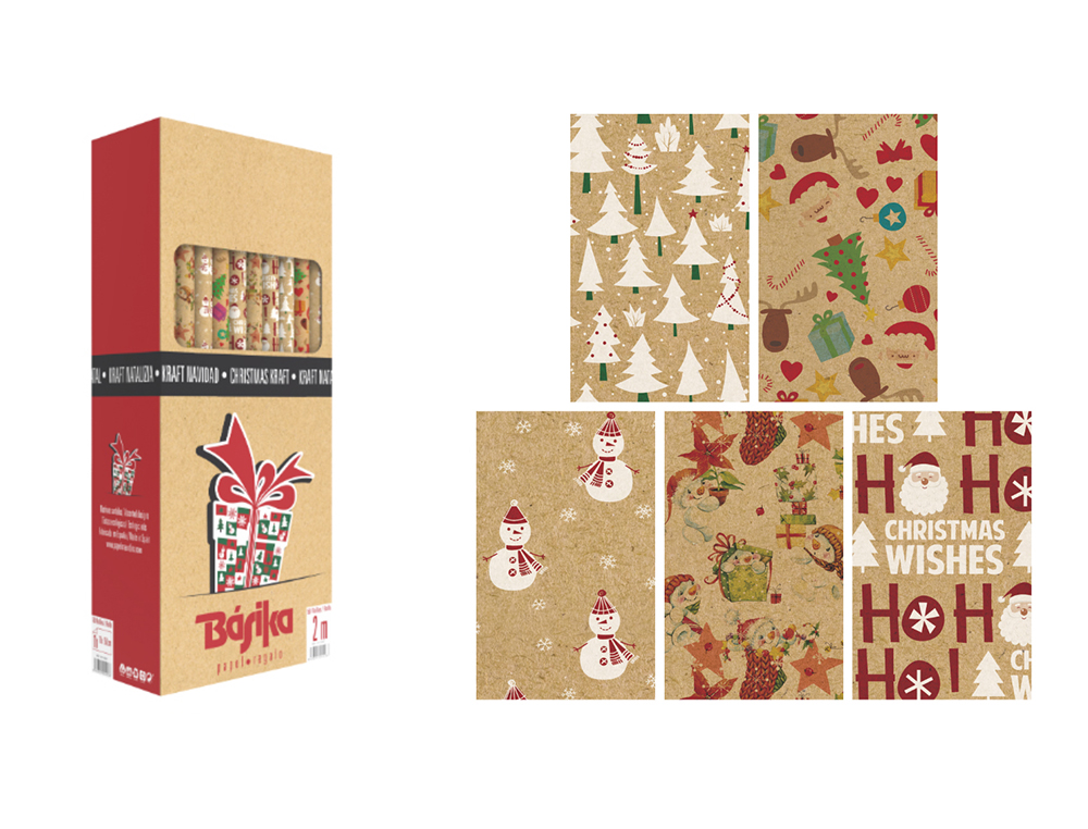 PAPEL DE REGALO BASIKA KRAFT NAVIDAD ROLLO ANCHO 70 CM LONGITUD 2 M DISEOS SURTIDOS GRAMAJE 50 GR
