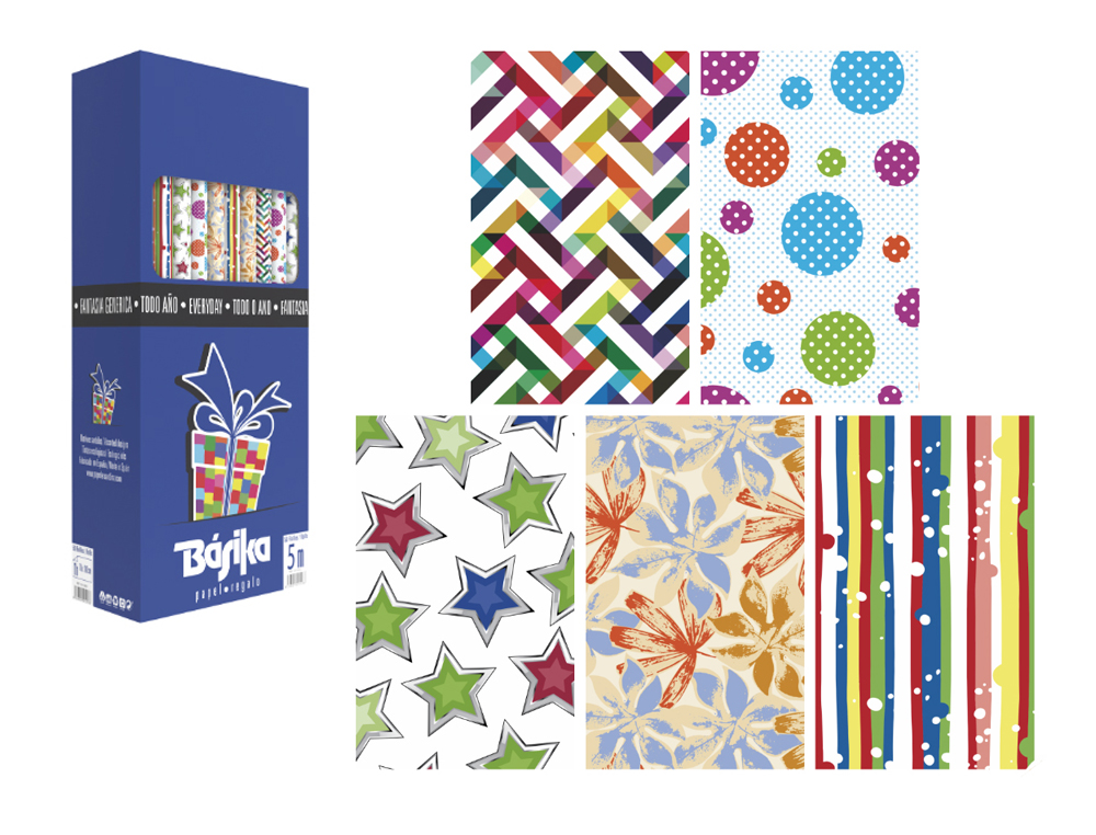 PAPEL DE REGALO BASIKA TODO AÑO ROLLO ANCHO 70 CM LONGITUD 5 M MODELOS SURTIDOS GRAMAJE 50 GR