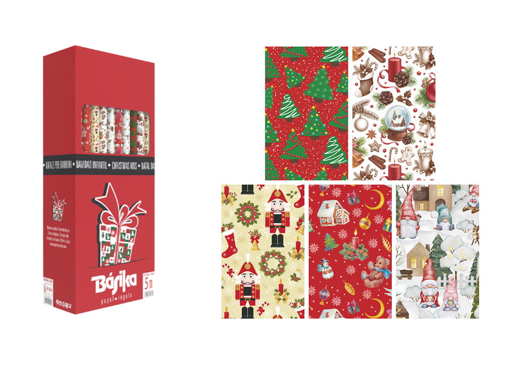PAPEL DE REGALO BASIKA NAVIDAD ROLLO ANCHO 70 CM LONGITUD 5 M DISEÑOS SURTIDOS GRAMAJE 50 GR