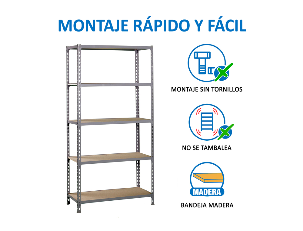 ESTANTERIA METALICA SIMONRACK KIT MADERCLICK MINI 5/400 COLOR GRIS/MADERA 5 ESTANTES 150 KG POR ESTANTE 180X80X40CM