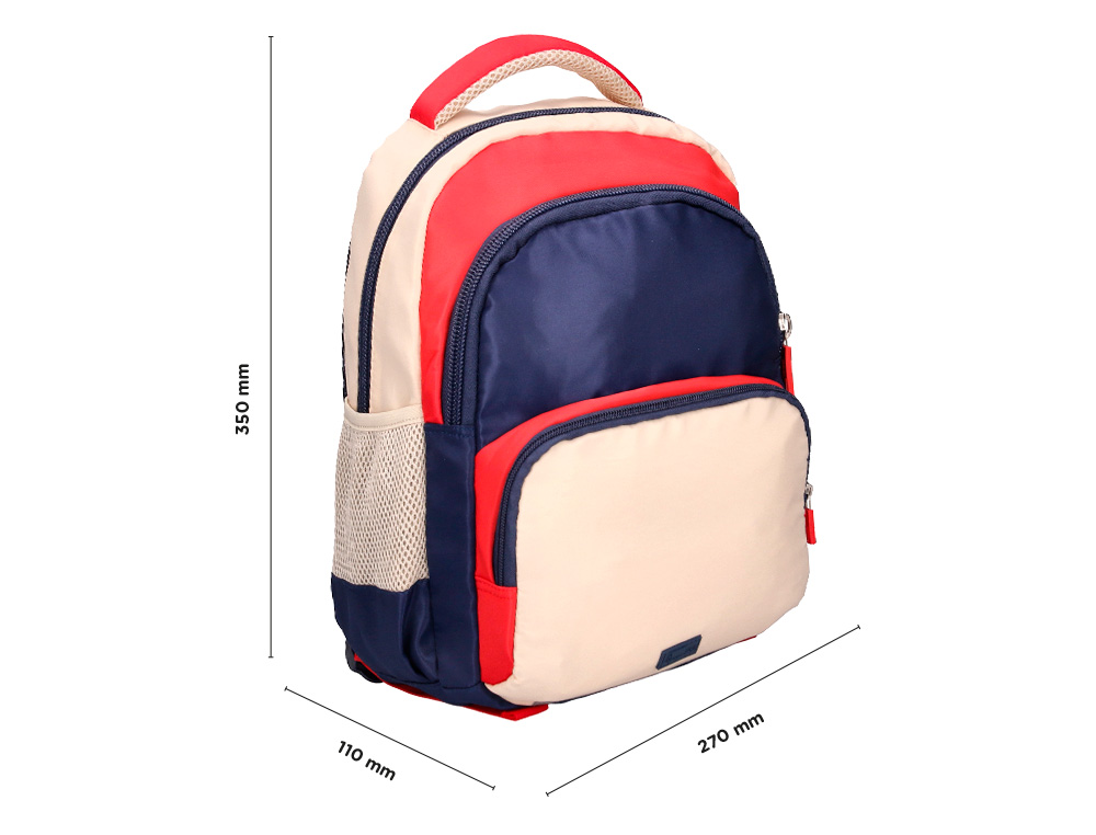MOCHILA ESCOLAR LIDERPAPEL MULTIBOLSILLO INFANTIL AZUL MARINO ROJO BEIGE 350X110X270 MM