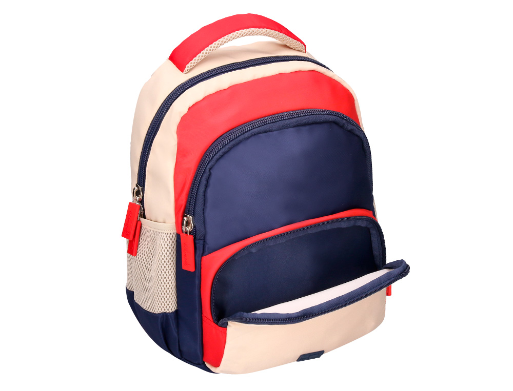 MOCHILA ESCOLAR LIDERPAPEL MULTIBOLSILLO INFANTIL AZUL MARINO ROJO BEIGE 350X110X270 MM