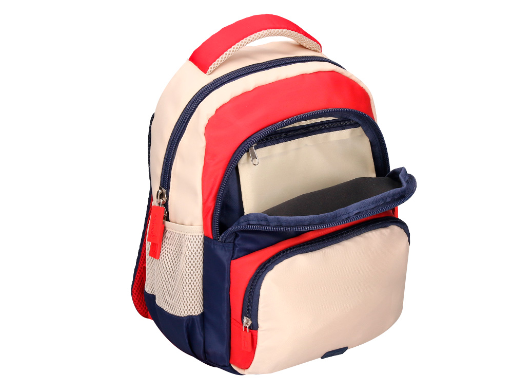 MOCHILA ESCOLAR LIDERPAPEL MULTIBOLSILLO INFANTIL AZUL MARINO ROJO BEIGE 350X110X270 MM