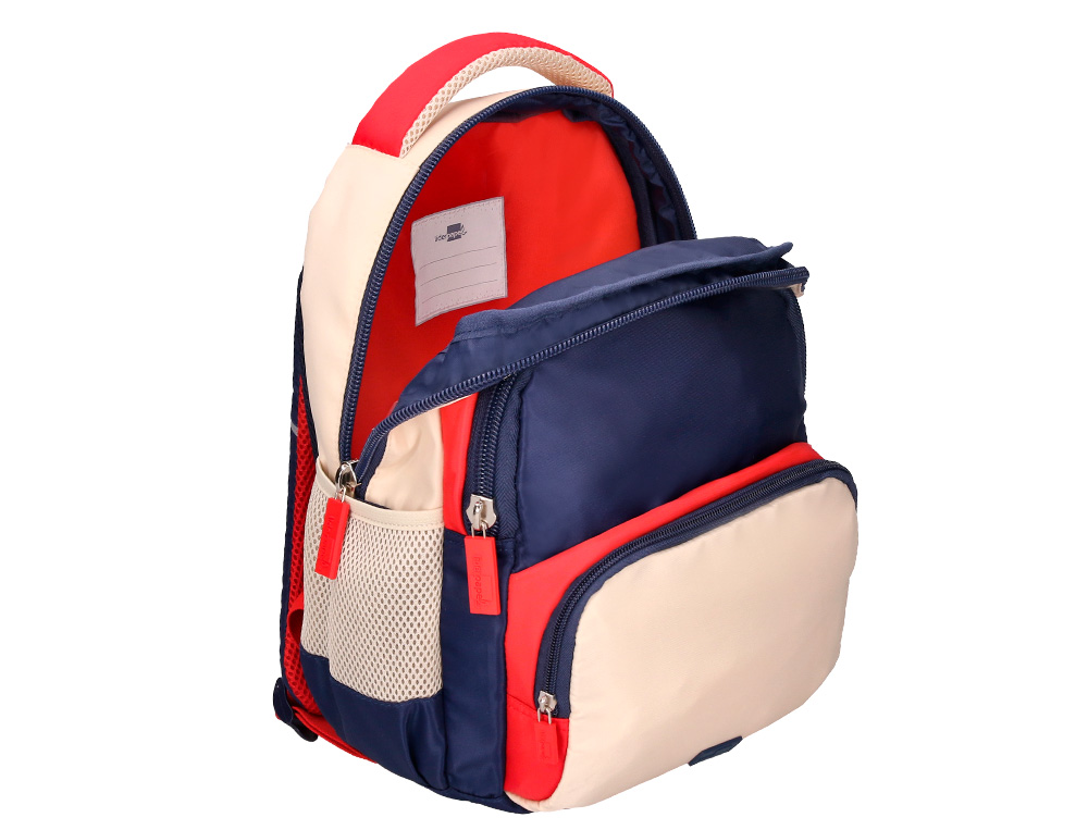 MOCHILA ESCOLAR LIDERPAPEL MULTIBOLSILLO INFANTIL AZUL MARINO ROJO BEIGE 350X110X270 MM