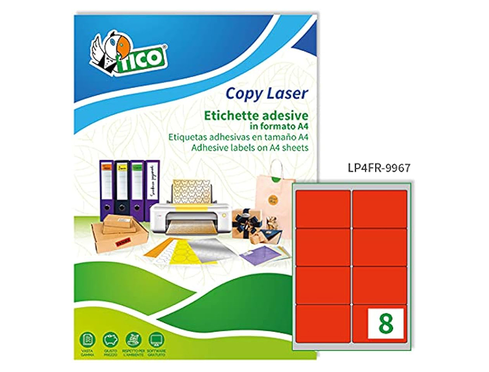 ETIQUETA ADHESIVA TICO ROJO FL UORESCENTES PERMANENTE FSC LASER/INKJET/FOTOCOPIA 99,1X67,7 MMCAJA DE 560 UNIDADES