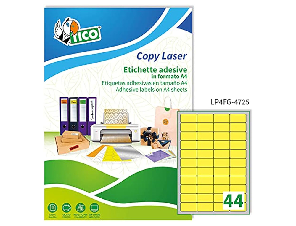 ETIQUETA ADHESIVA TICO AMARILL O FLUORESCENTES PERMANENTE FSCLASER/INKJET/FOTOCOPIA 47,5X25,5 MM CAJA DE 3080 UNIDADES