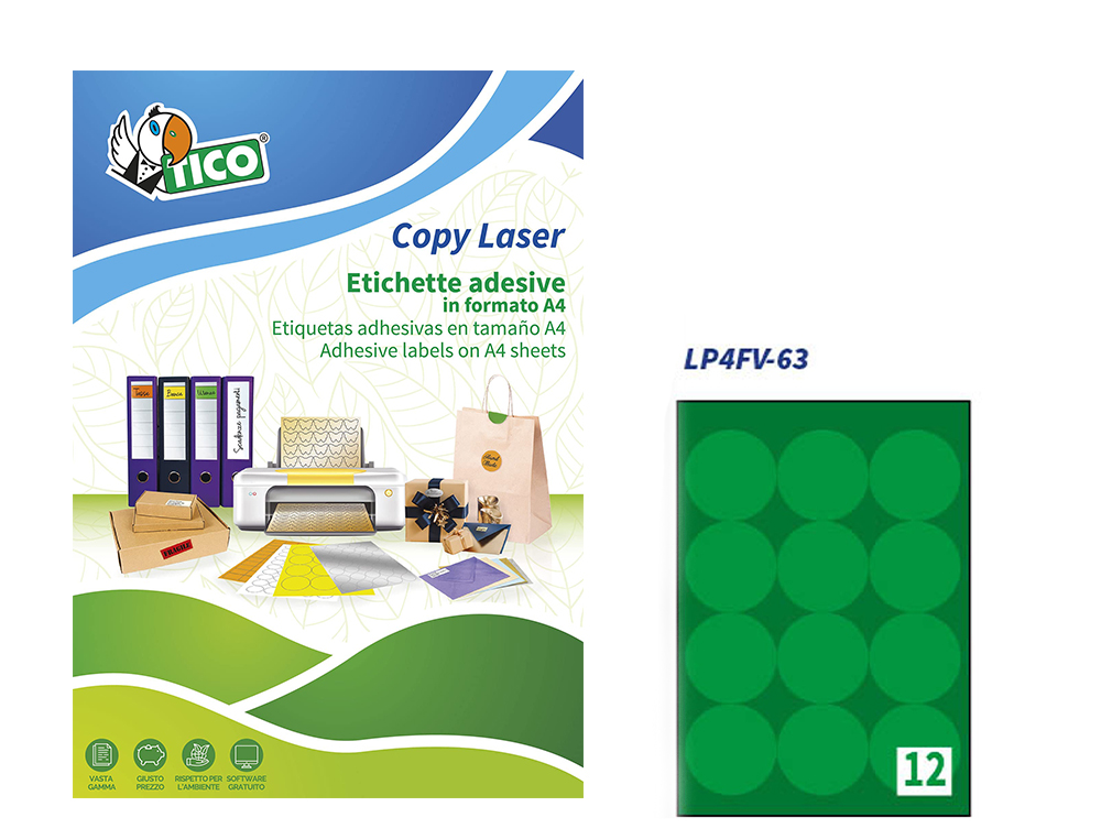 ETIQUETA ADHESIVA TICO VERDE F LUORESCENTES PERMANENTE FSC LASER/INKJET/FOTOCOPIA REDONDA 63,5MM CAJA DE 840 UNIDADES