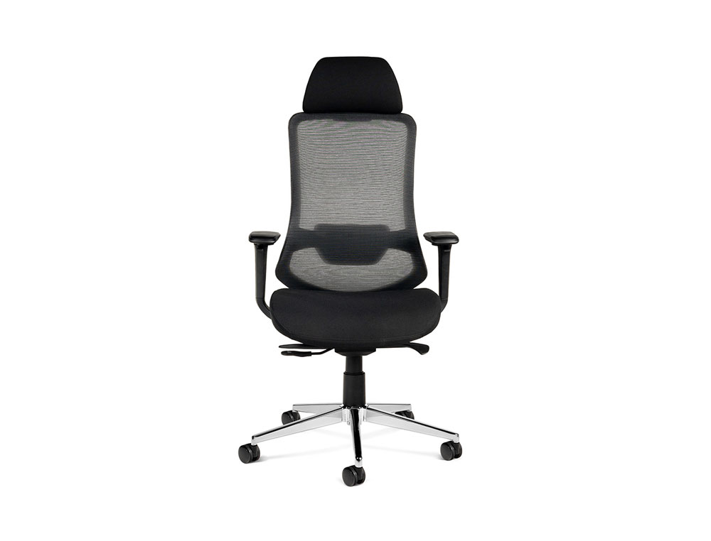SILLA ROCADA DIRECCION PREMIUM 24 HORAS CON BRAZOS AJUSTABLES RESPALDO DE MALLA Y ASIENTO EN TELA NEGRO