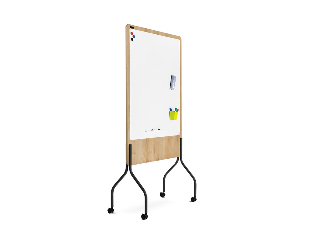 PIZARRA BLANCA ROCADA DOBLE CARA LACADA MAGNETICA TABLERO MELAMINA ROBLE BASE CON 4 RUEDAS 92X125 CM