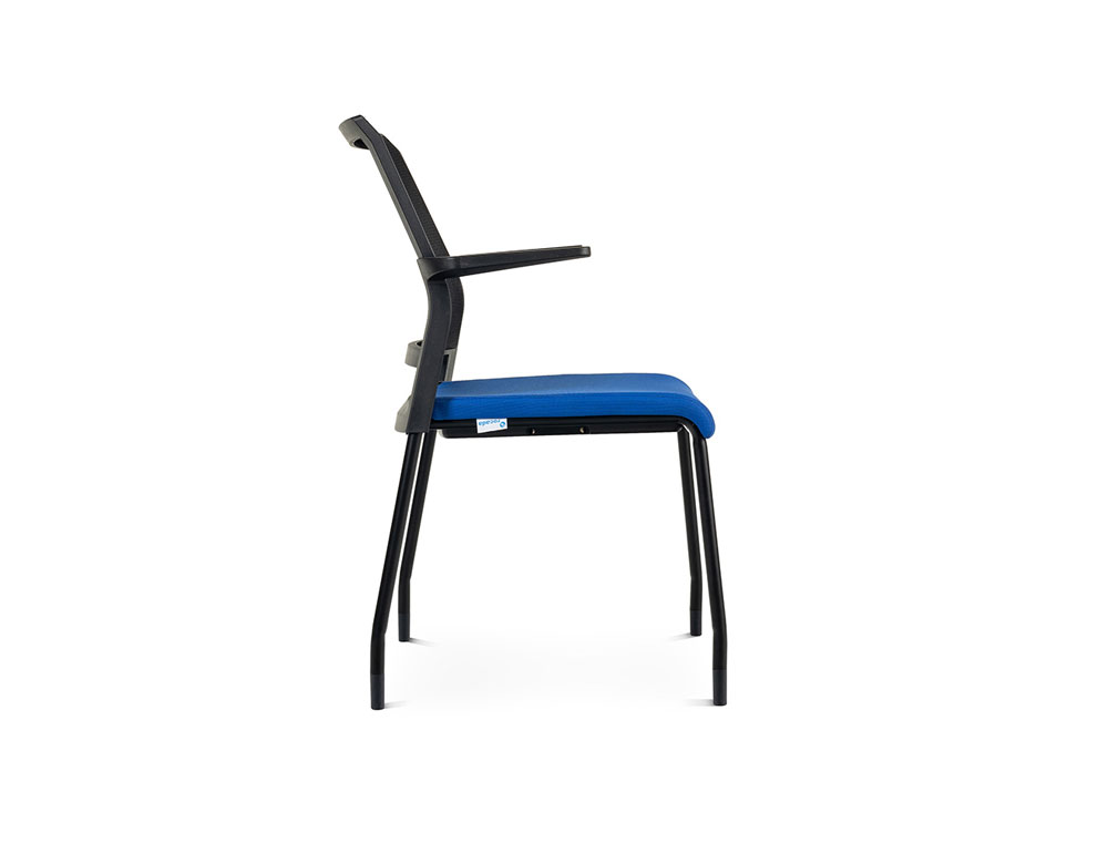 SILLA ROCADA CONFIDENTE BRAZOS FIJOS ESTRUCTURA METALICA ASIENTO TELA IGNIFUGA AZUL RESPALDO MALLA