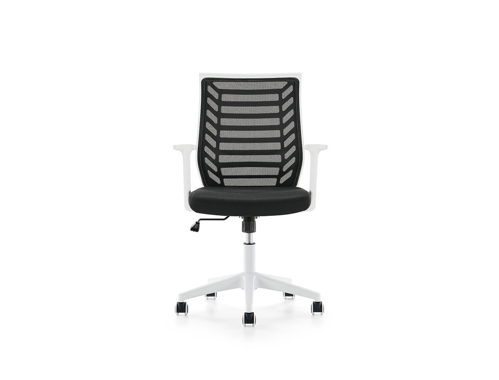 SILLA ROCADA DE OFICINA BRAZOS REGULABLES ESTRUCTURA BLANCA RESPALDO MALLA Y ASIENTO TELA IGNIFUGA AZUL