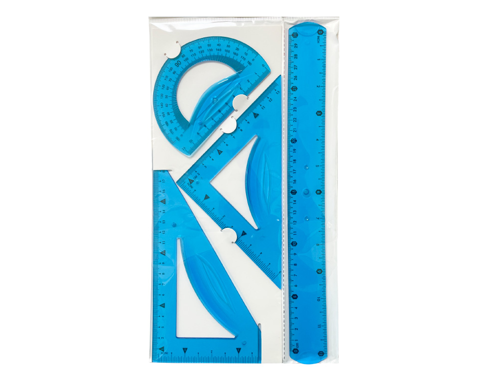 JUEGO ESCUADRA 21 CM CARTABON 21 CM REGLA 30 CM Y SEMICIRCULO PLASTICO FLEXIBLE EN PETACA LIDERPAPEL COLORES