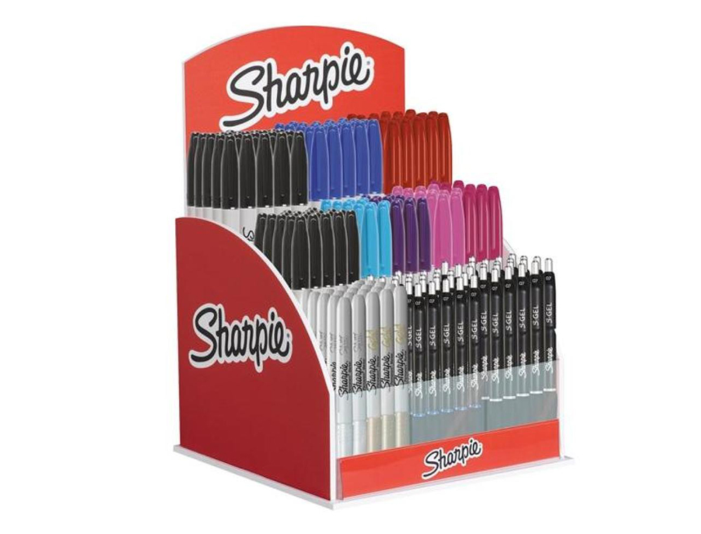 EXPOSITOR SHARPIE DE SOBREMESA ACRILICO CON 120 ROTULADORES PERMANENTES Y 24 BOLIGRAFOS GEL COLORES