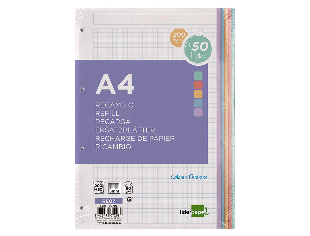 RECAMBIO LIDERPAPEL A4 200+50 HOJAS 90G/M2 CUADRO 5MM 4 TALADROS BANDAS DE 5 COLORES