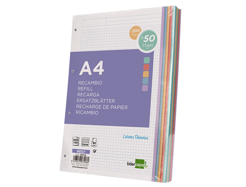 RECAMBIO LIDERPAPEL A4 200+50 HOJAS 90G/M2 CUADRO 5MM 4 TALADROS BANDAS DE 5 COLORES