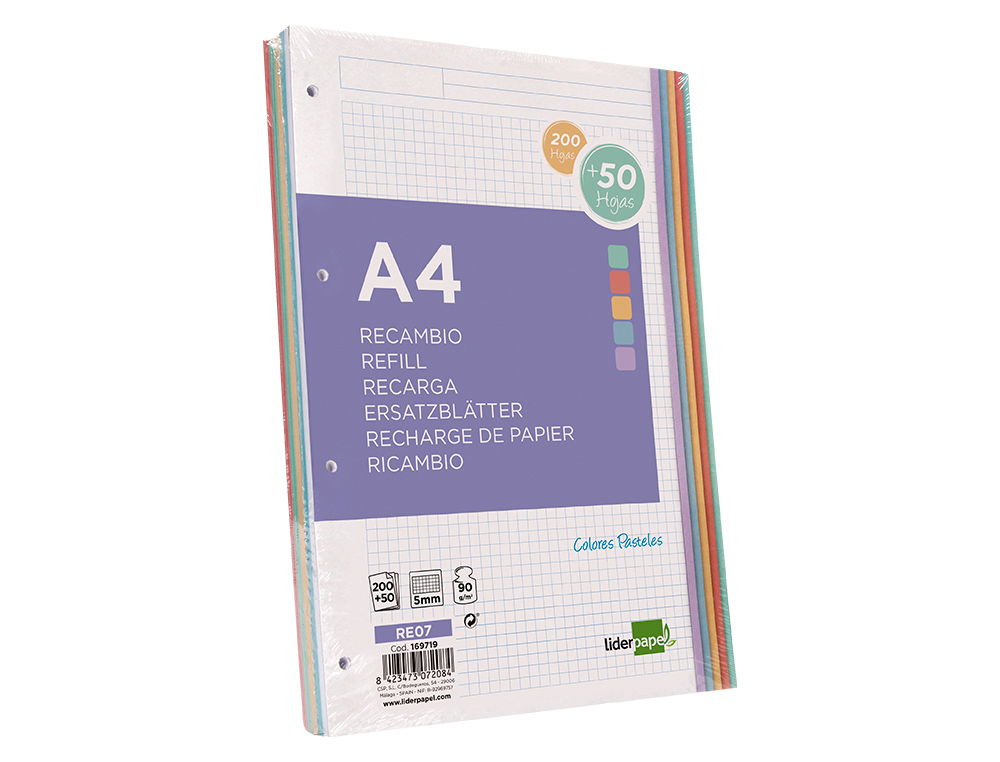 RECAMBIO LIDERPAPEL A4 200+50 HOJAS 90G/M2 CUADRO 5MM 4 TALADROS BANDAS DE 5 COLORES