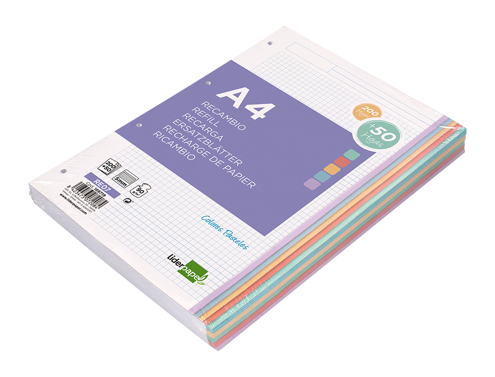 RECAMBIO LIDERPAPEL A4 200+50 HOJAS 90G/M2 CUADRO 5MM 4 TALADROS BANDAS DE 5 COLORES