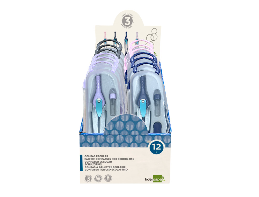 COMPAS LIDERPAPEL LOCK DEVICE CON ADAPTADOR UNIVERSAL Y TUBO DE MINAS EXPOSITOR CON 12 UNIDADES COLORES SURTIDOS