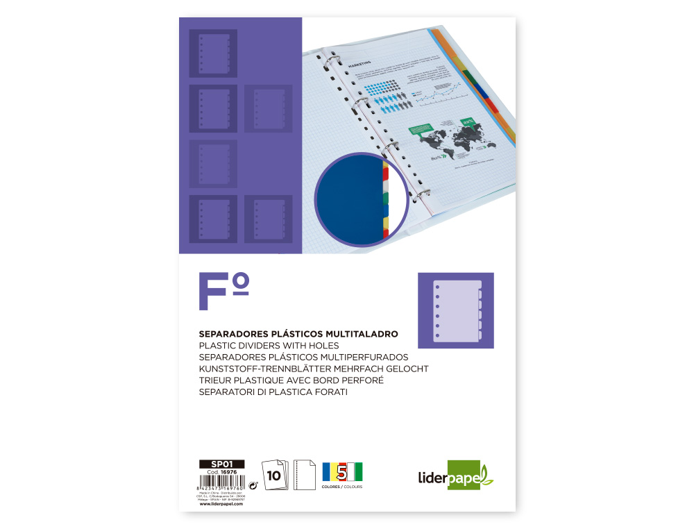 SEPARADOR LIDERPAPEL PLASTICO JUEGO DE 10 SEPARADORES FOLIO 16 TALADROS