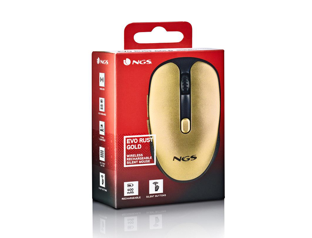 RATON NGS EVO RUST OPTICO 800/1200/1600 DPI INALAMBRICO 5 BOTONES TECLAS SILENCIOSAS RECEPTOR USB 2,4 GHZ DORADO