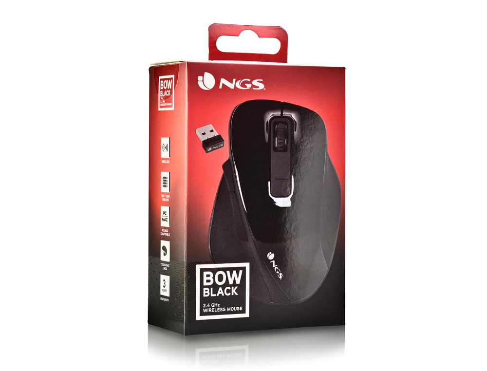 RATON NGS BOW OPTICO 800/1200/1600 DPI INALAMBRICO 5 BOTONES OPTICO RECEPTOR 2.4 GHZ NEGRO