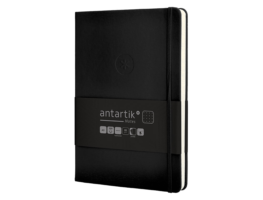 CUADERNO CON GOMILLA ANTARTIK NOTES TAPA DURA A5 HOJAS PUNTOS NEGRO 100 HOJAS 80 GR FSC