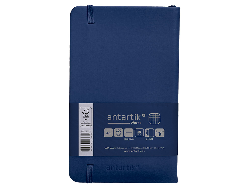 CUADERNO CON GOMILLA ANTARTIK NOTES TAPA DURA A6 HOJAS CUADRICULA AZUL MARINO 100 HOJAS 80 GR FSC