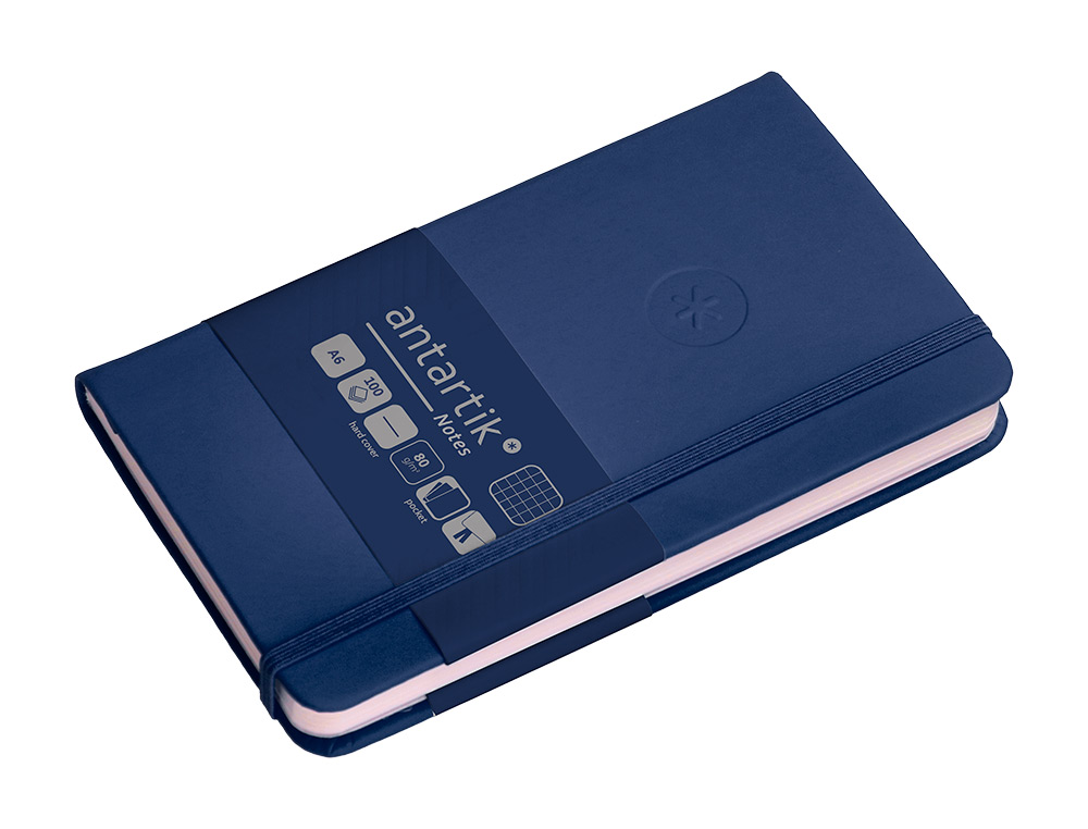 CUADERNO CON GOMILLA ANTARTIK NOTES TAPA DURA A6 HOJAS CUADRICULA AZUL MARINO 100 HOJAS 80 GR FSC