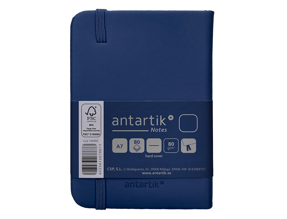 CUADERNO CON GOMILLA ANTARTIK NOTES TAPA DURA A7 HOJAS LISAS AZUL MARINO 80 HOJAS 80 GR FSC