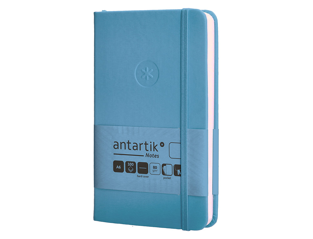 CUADERNO CON GOMILLA ANTARTIK NOTES TAPA DURA A6 HOJAS LISAS AZUL CLARO 100 HOJAS 80 GR FSC
