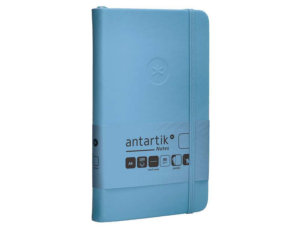 CUADERNO CON GOMILLA ANTARTIK NOTES TAPA DURA A6 HOJAS LISAS AZUL CLARO 100 HOJAS 80 GR FSC