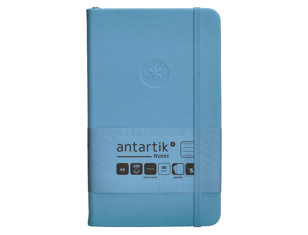 CUADERNO CON GOMILLA ANTARTIK NOTES TAPA DURA A6 HOJAS RAYAS AZUL CLARO 100 HOJAS 80 GR FSC