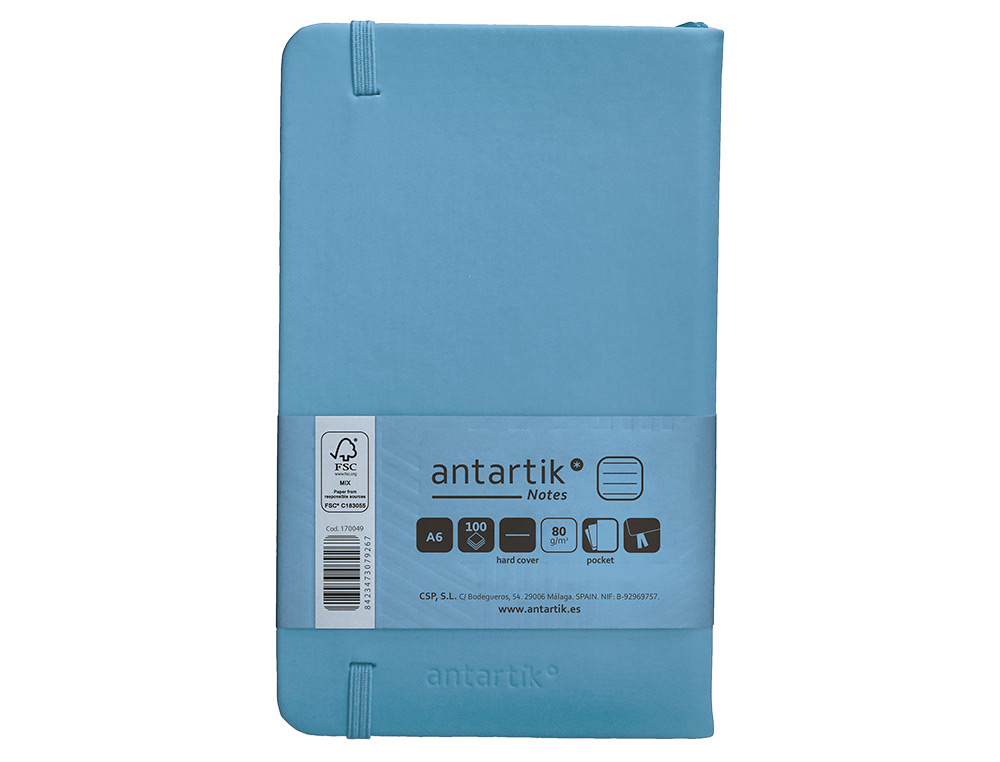CUADERNO CON GOMILLA ANTARTIK NOTES TAPA DURA A6 HOJAS RAYAS AZUL CLARO 100 HOJAS 80 GR FSC