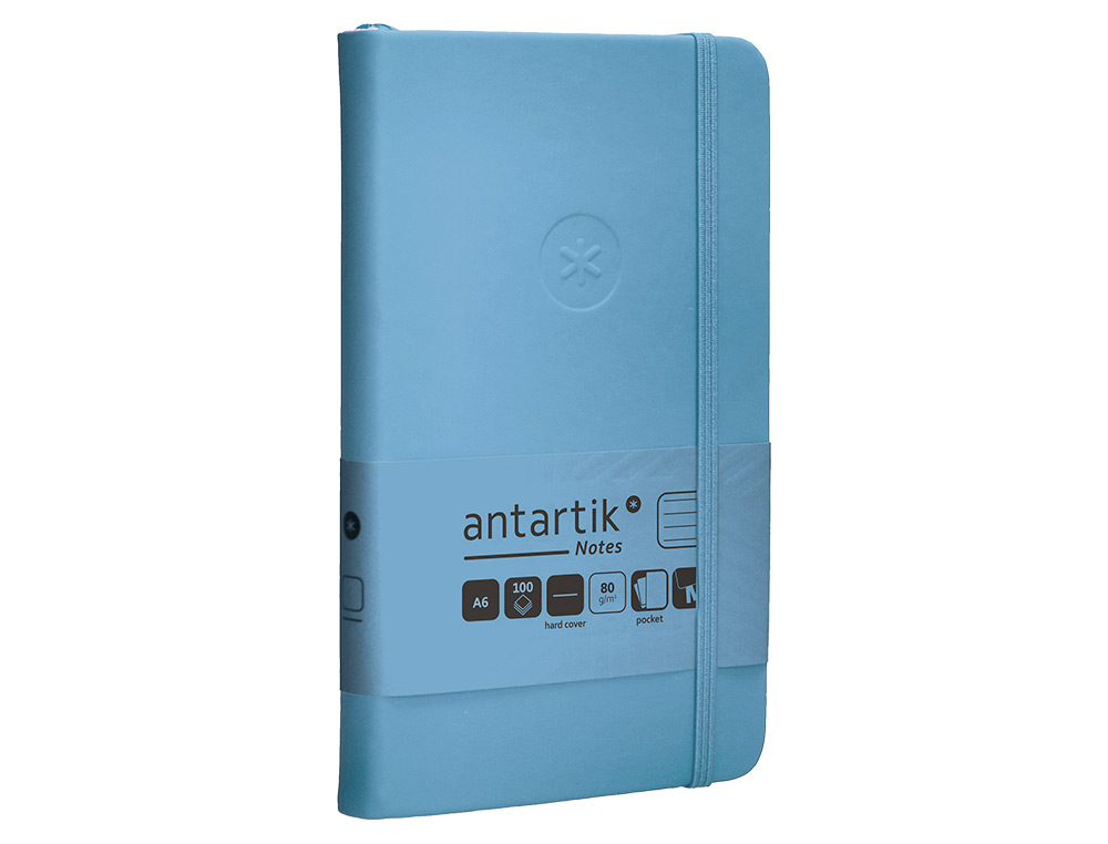 CUADERNO CON GOMILLA ANTARTIK NOTES TAPA DURA A6 HOJAS RAYAS AZUL CLARO 100 HOJAS 80 GR FSC