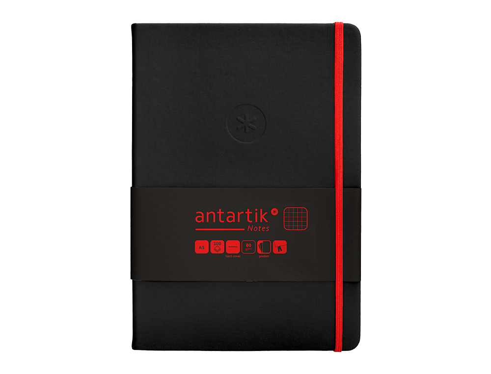 CUADERNO CON GOMILLA ANTARTIK NOTES TAPA DURA A5 HOJAS CUADRICULA NEGRO Y ROJO 100 HOJAS 80 GR FSC