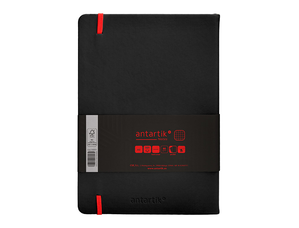 CUADERNO CON GOMILLA ANTARTIK NOTES TAPA DURA A5 HOJAS CUADRICULA NEGRO Y ROJO 100 HOJAS 80 GR FSC