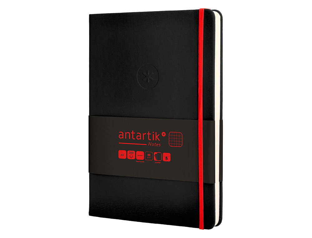 CUADERNO CON GOMILLA ANTARTIK NOTES TAPA DURA A5 HOJAS CUADRICULA NEGRO Y ROJO 100 HOJAS 80 GR FSC