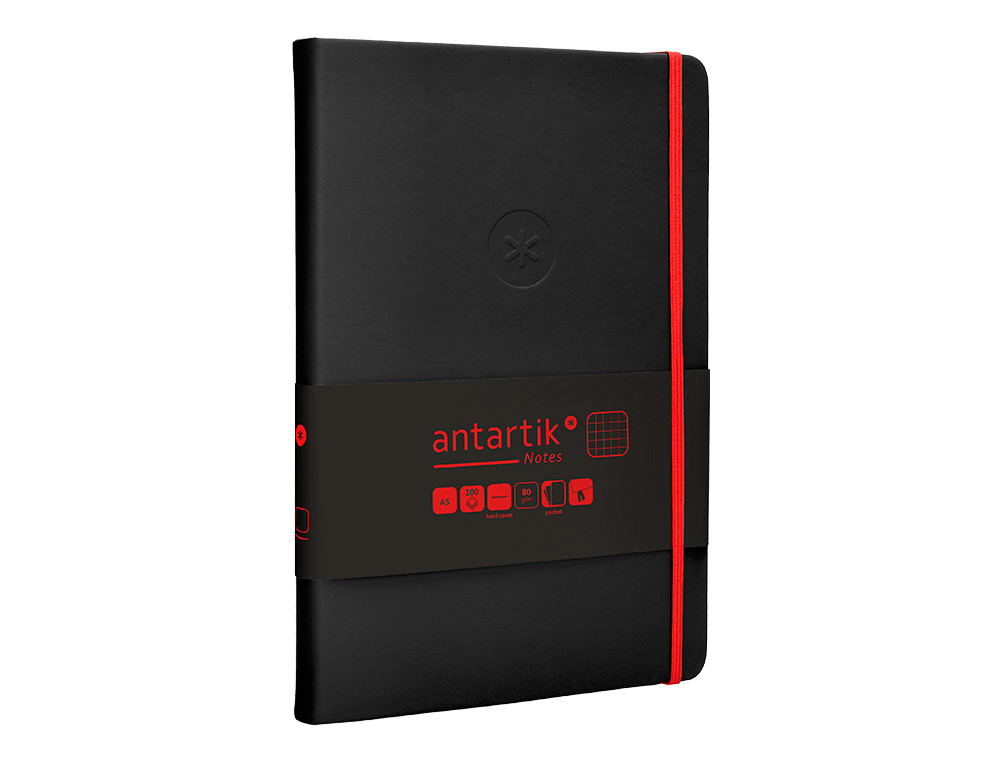 CUADERNO CON GOMILLA ANTARTIK NOTES TAPA DURA A5 HOJAS CUADRICULA NEGRO Y ROJO 100 HOJAS 80 GR FSC