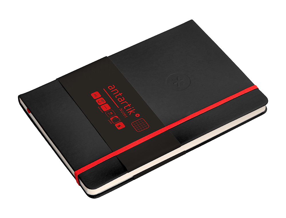CUADERNO CON GOMILLA ANTARTIK NOTES TAPA DURA A5 HOJAS CUADRICULA NEGRO Y ROJO 100 HOJAS 80 GR FSC