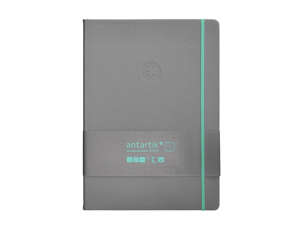 CUADERNO CON GOMILLA ANTARTIK NOTES TAPA DURA A4 HOJAS RAYAS GRIS Y TURQUESA 100 HOJAS 80 GR FSC