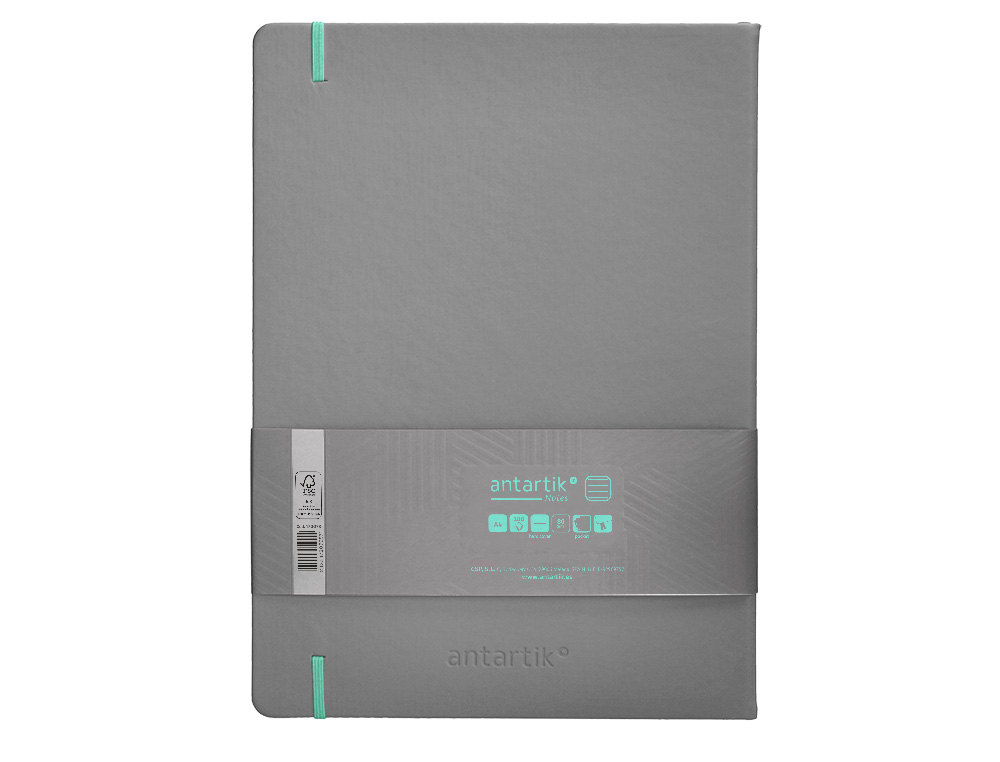 CUADERNO CON GOMILLA ANTARTIK NOTES TAPA DURA A4 HOJAS RAYAS GRIS Y TURQUESA 100 HOJAS 80 GR FSC